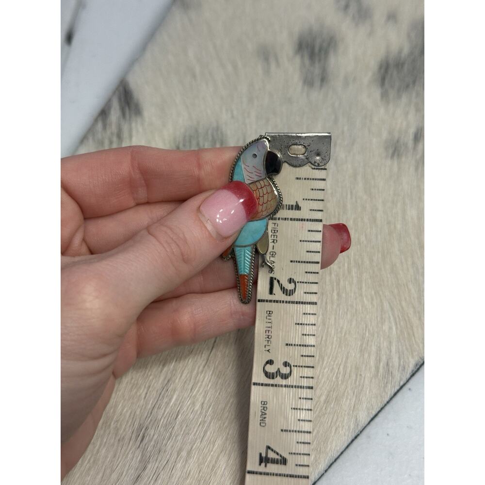 Zuni 2” Leland Peketewa Sterling Silver Inlay Turquoise Coral MOP Parrot Pendant - Picture 12 of 13